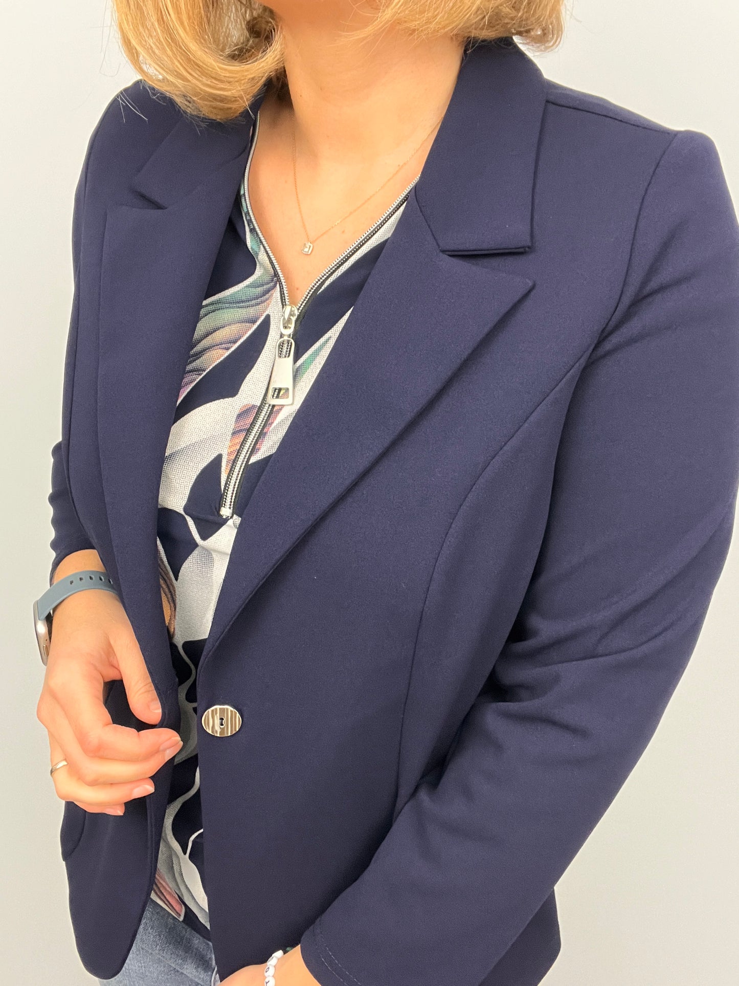Navy fabric jacket with lapel collar