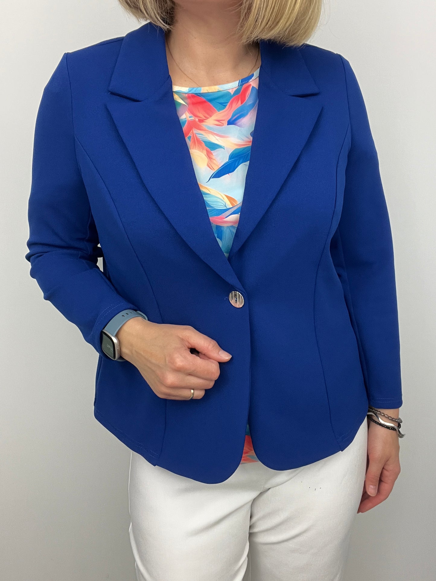 Royal blue fabric jacket with lapel collar