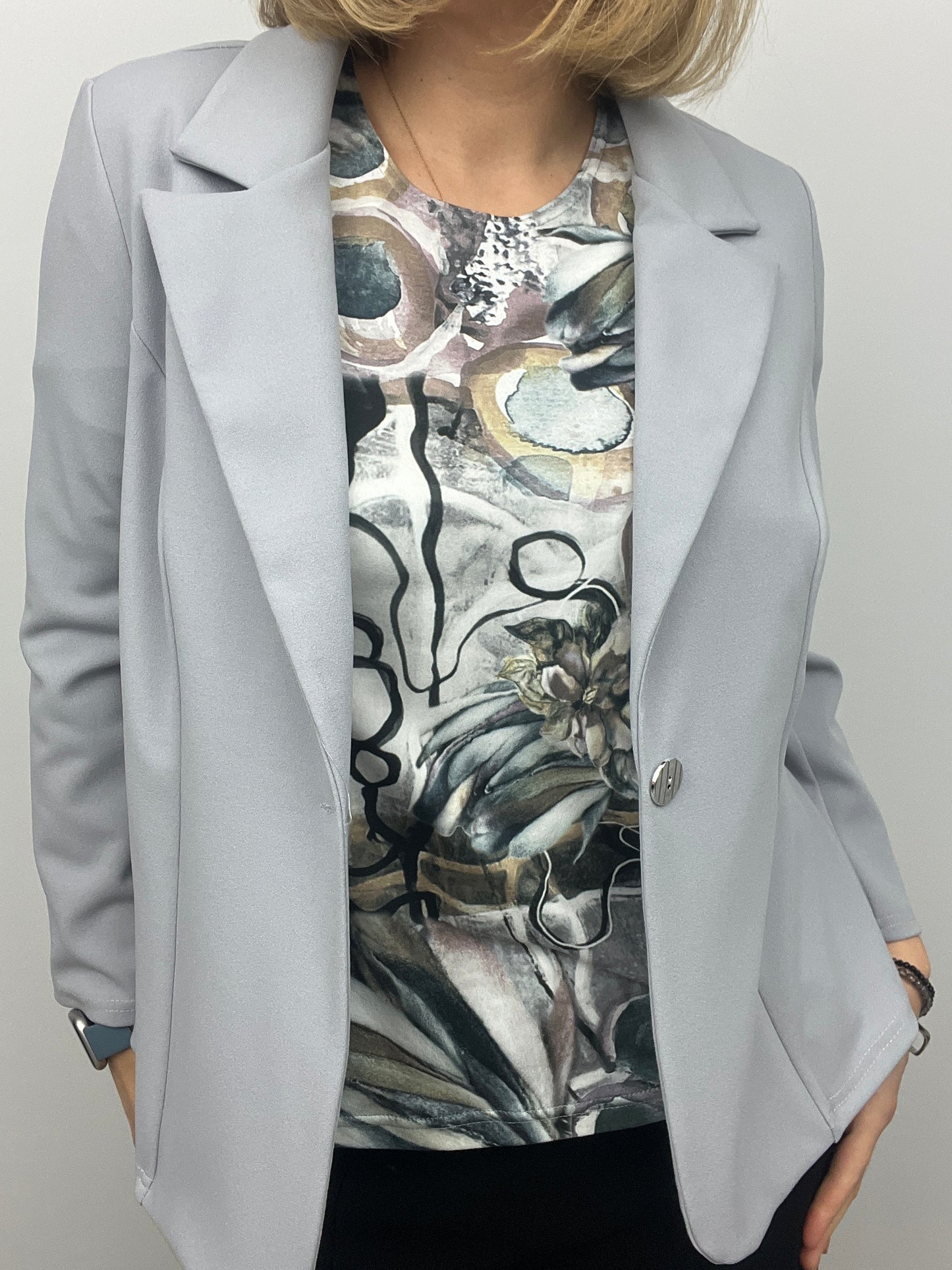 Silver grey fabric jacket with lapel collar