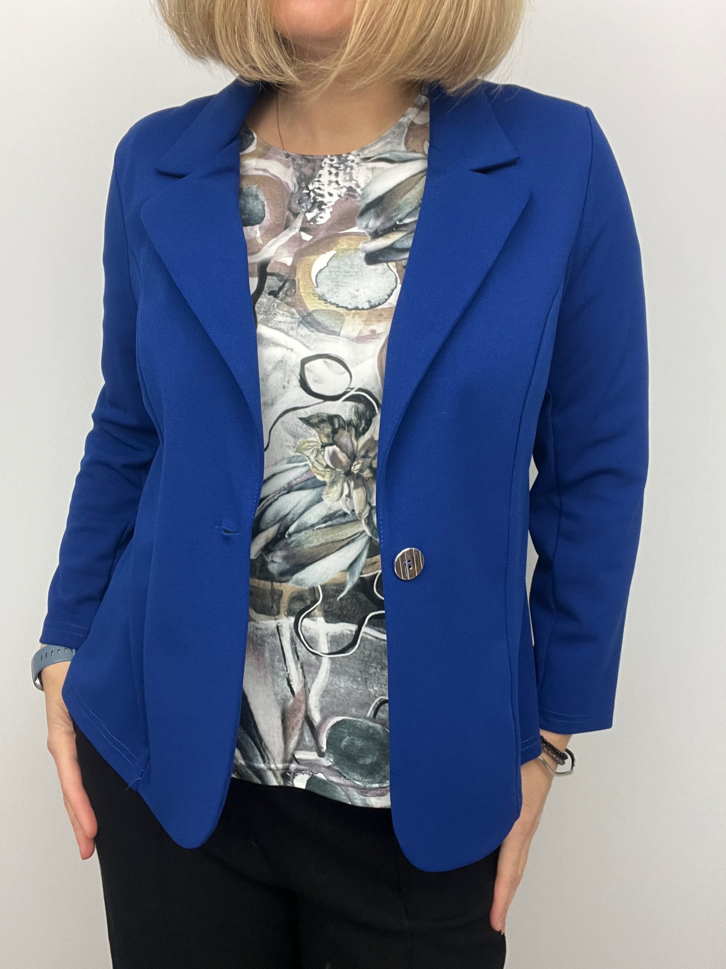 Royal blue fabric jacket with lapel collar