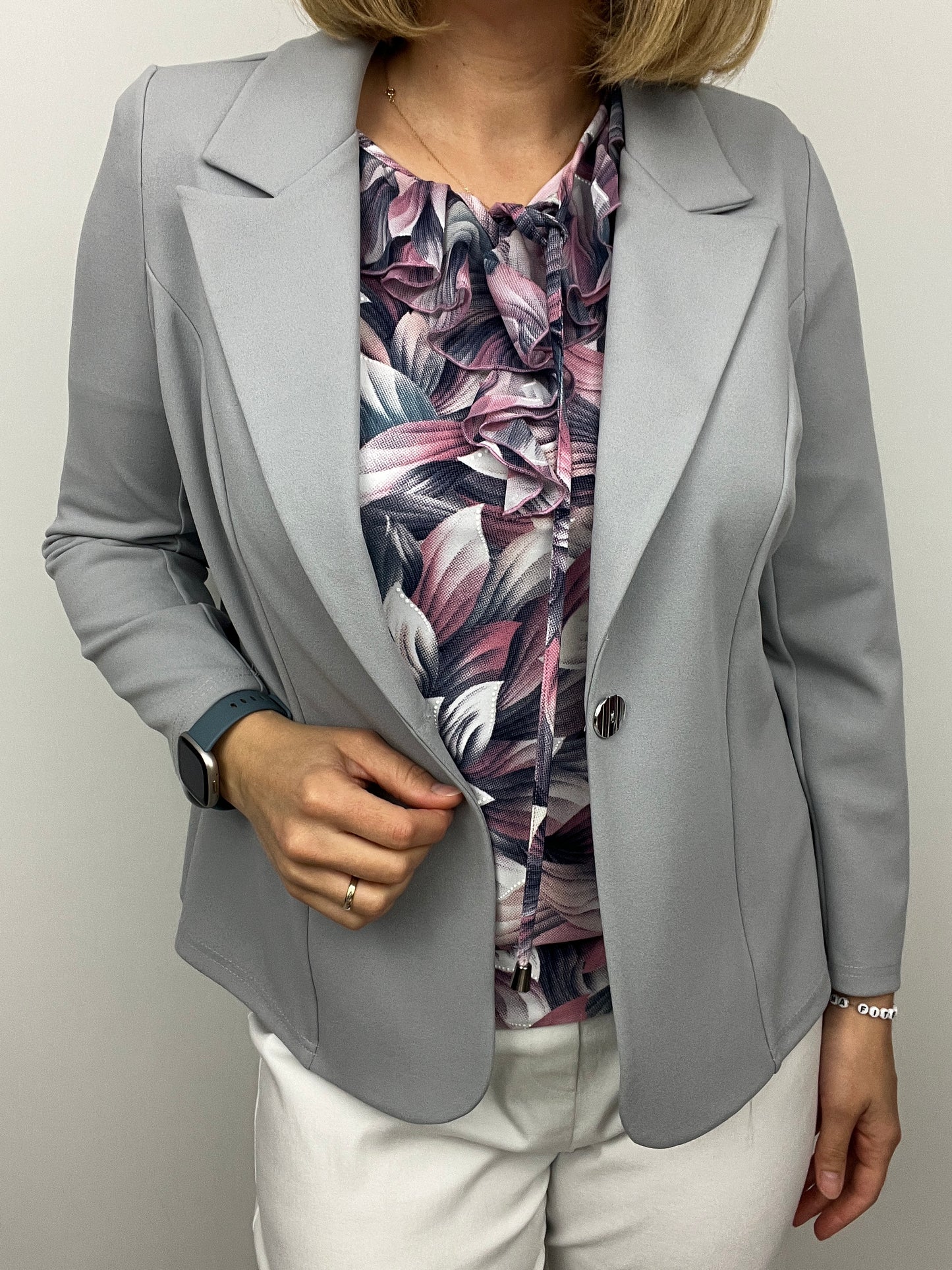 Silver grey fabric jacket with lapel collar