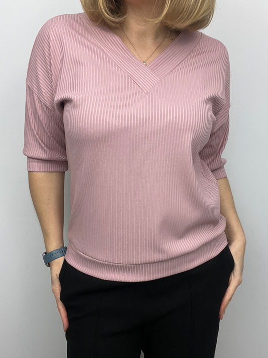 VERONIQUE soft ribbed V-neck top - powder pink