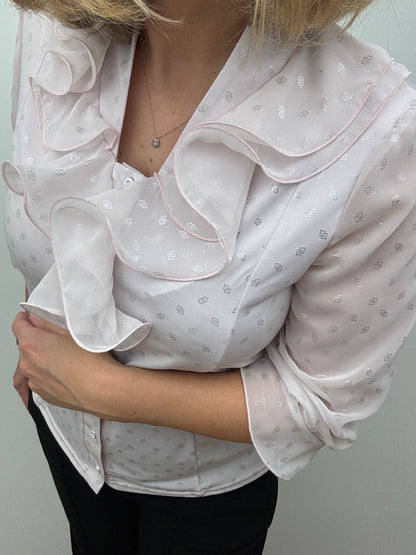 SARAH blush pink blouse with ruffle front and stand up collar