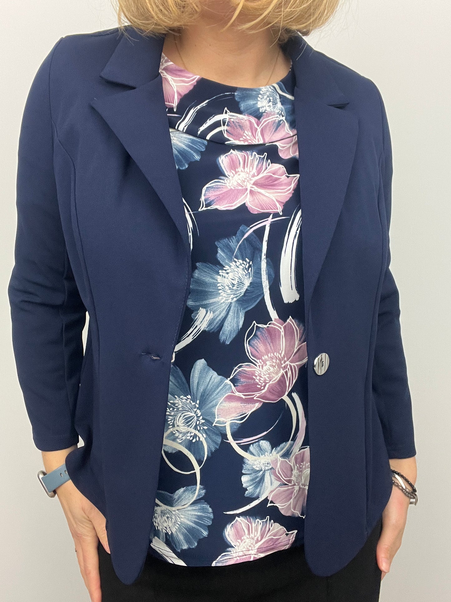 Navy fabric jacket with lapel collar