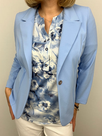 Soft blue fabric jacket with lapel collar