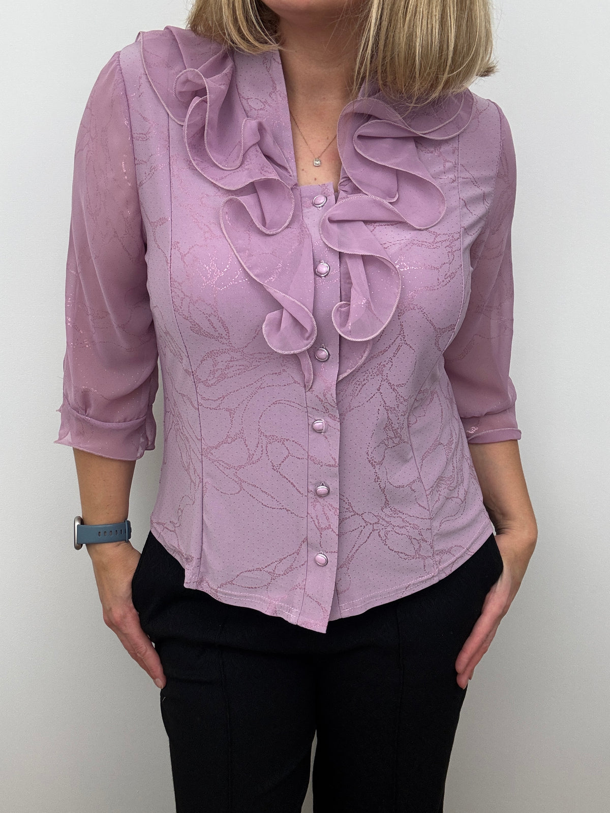 LUCIA lavender pink blouse with ruffle front and stand up collar