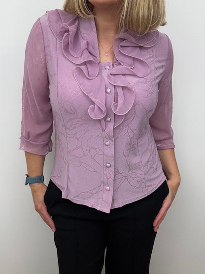 LUCIA lavender pink blouse with ruffle front and stand up collar