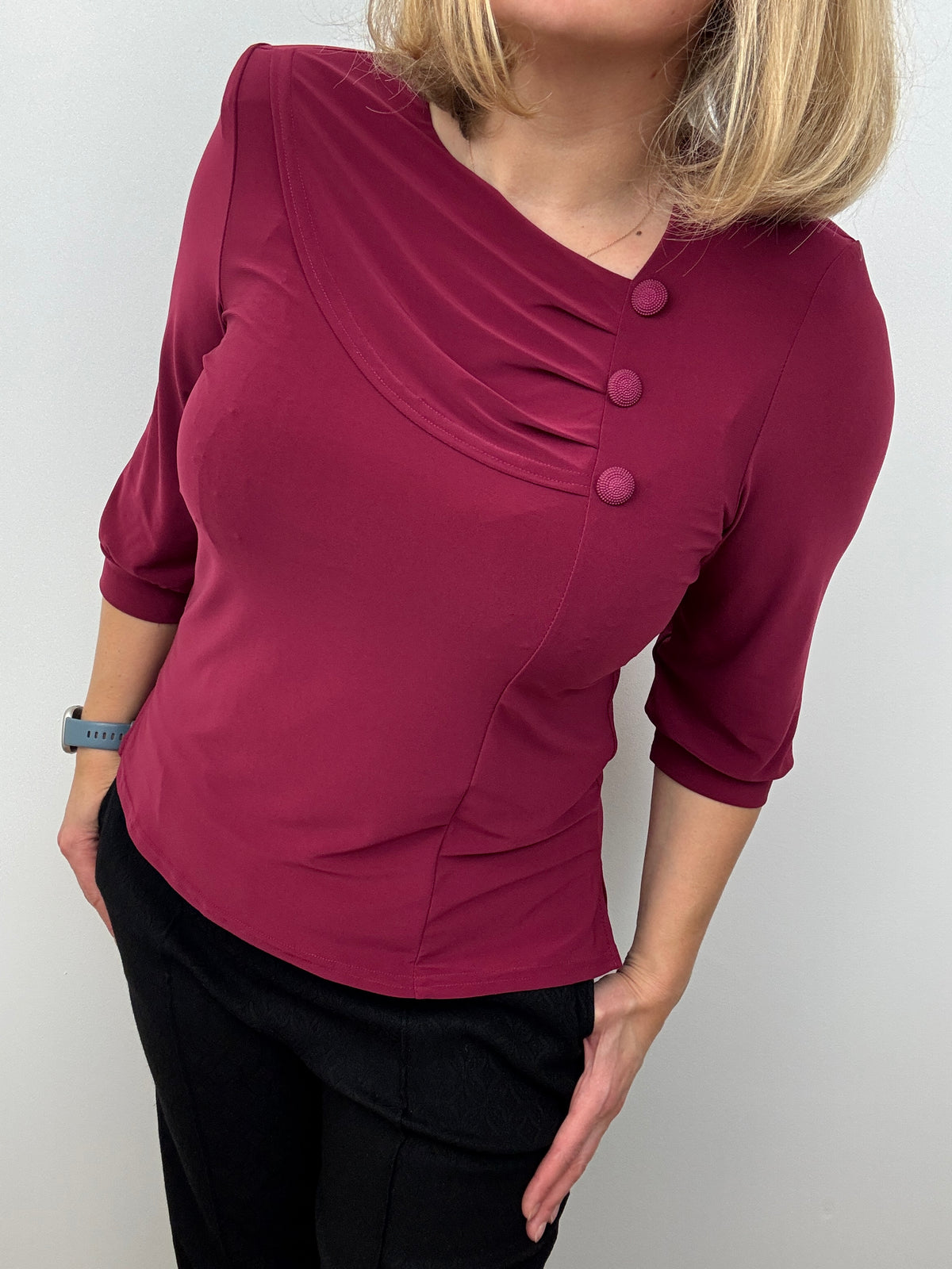 POLLY burgundy top with pleated neckline