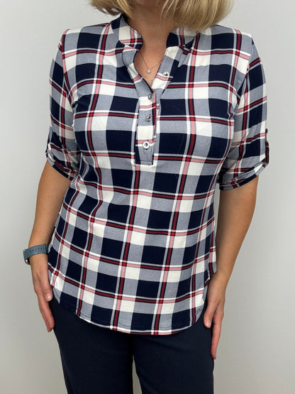 SYLVIA check stand-up collar top
