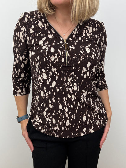 LEAH brown 3/4 sleeve zip top
