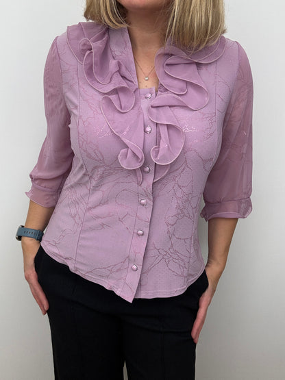 LUCIA lavender pink blouse with ruffle front and stand up collar