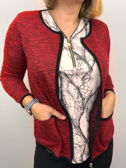 Red melange fine knit cardigan with zipper and pockets