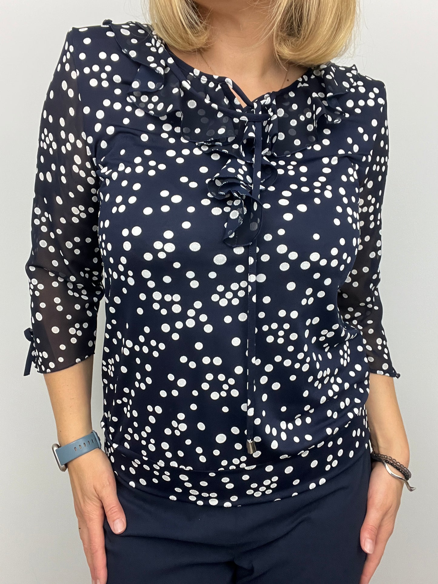 FAITH ruffle top polka dot navy/white