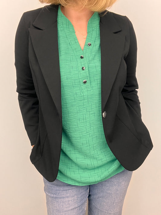 Black fabric jacket with lapel collar