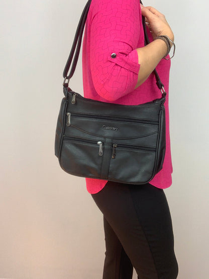 ROTTERDAM BLACK - soft faux leather crossbody multi-pocket medium size bag