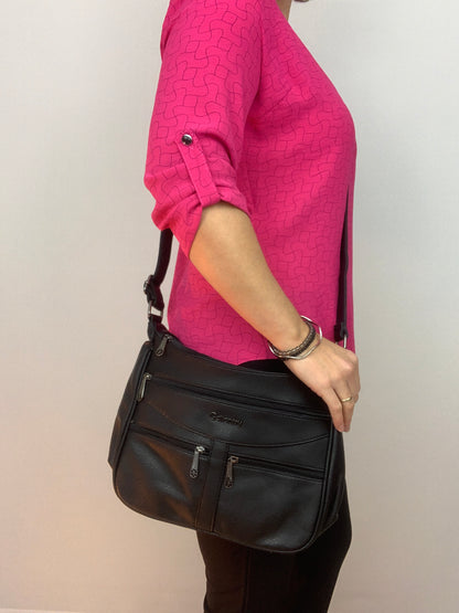 ROTTERDAM BLACK - soft faux leather crossbody multi-pocket medium size bag