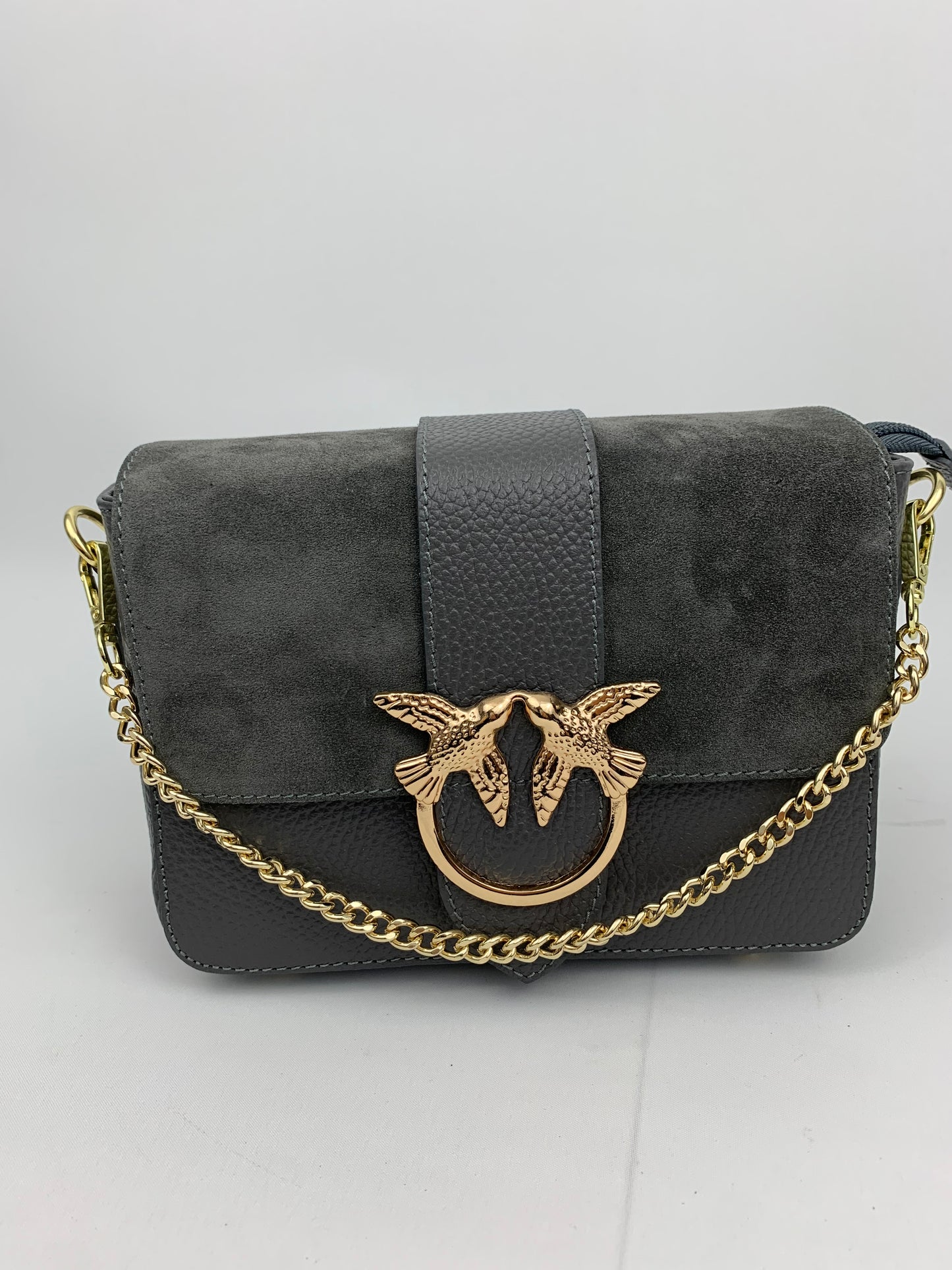 VENICE SILVER - Italian Genuine leather top handle/ crossbody bag with suede front flap