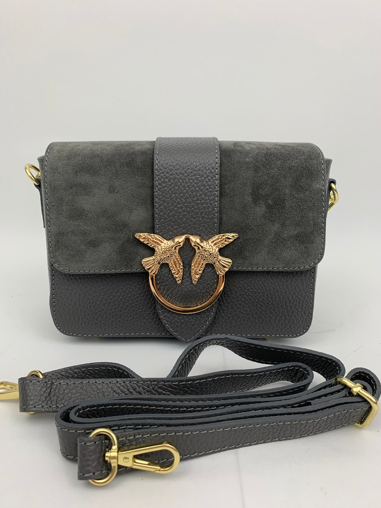 VENICE SILVER - Italian Genuine leather top handle/ crossbody bag with suede front flap