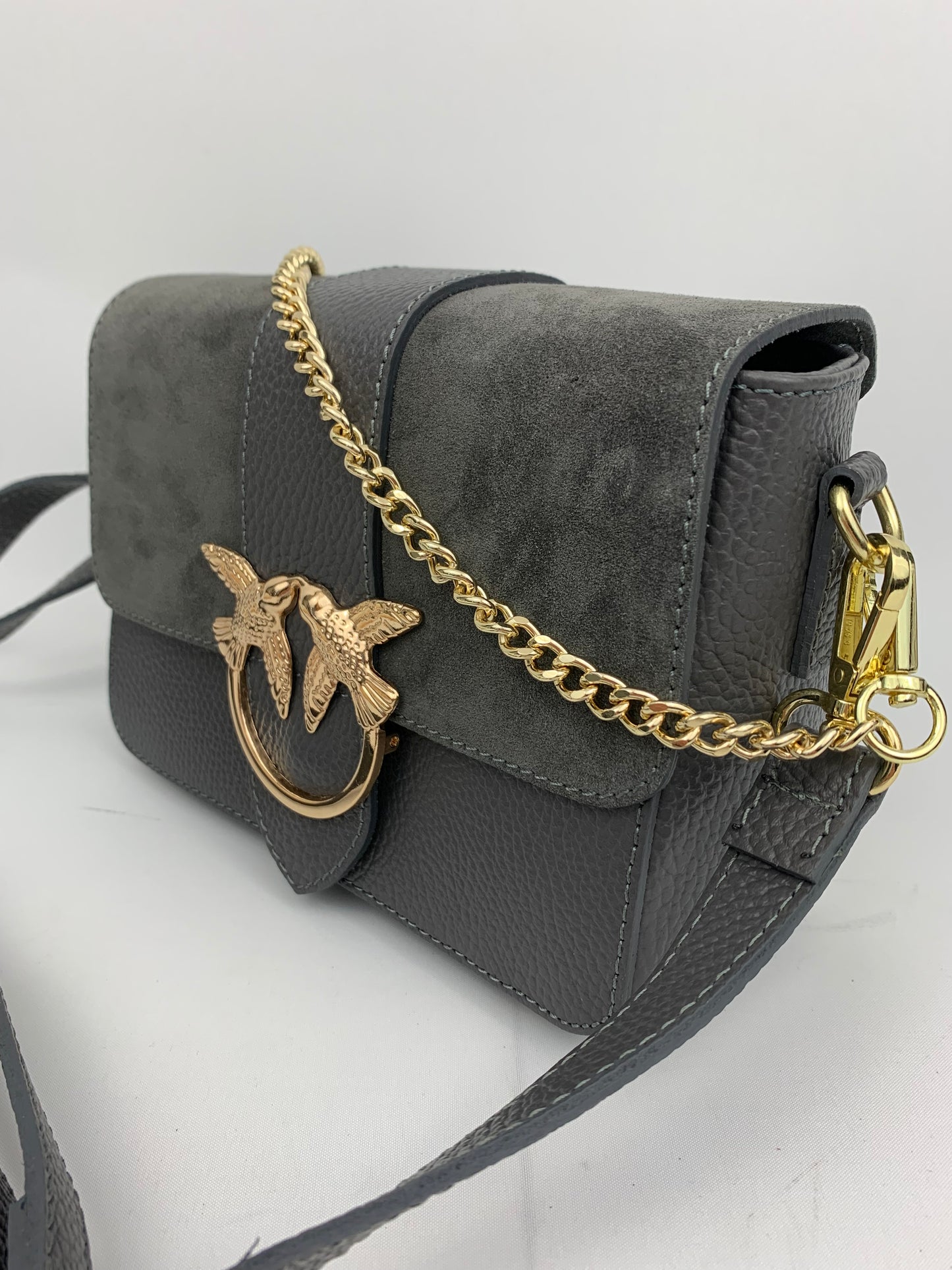 VENICE SILVER - Italian Genuine leather top handle/ crossbody bag with suede front flap